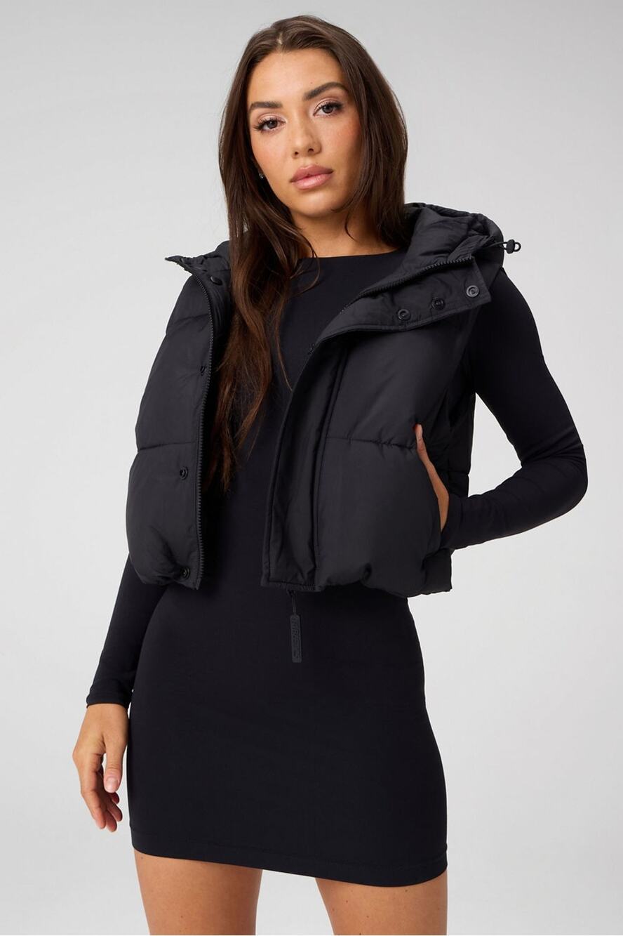 NEW! Fabletics essential cropped hooded puffer vest black size small $100